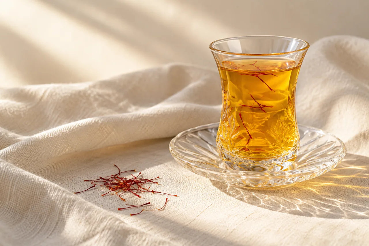 A glass of saffron tea beside red saffron threads